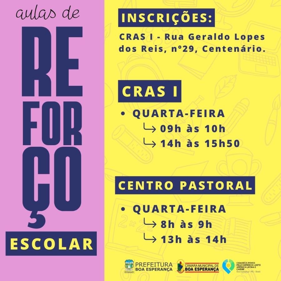 INSCRIÇÕES GRATUITAS PARA AULA DE REFORÇO ESCOLAR Prefeitura de Boa