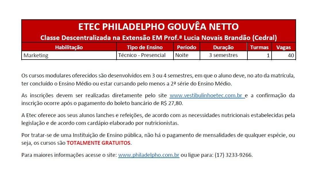 Vestibulinho 2º Semestre de 2023 – Etec Philadelpho Gouvêa Netto