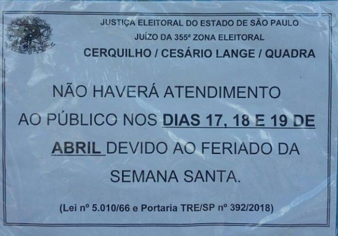 Atenção ao Horário do Posto de Atendimento ao Eleitor de Quadra