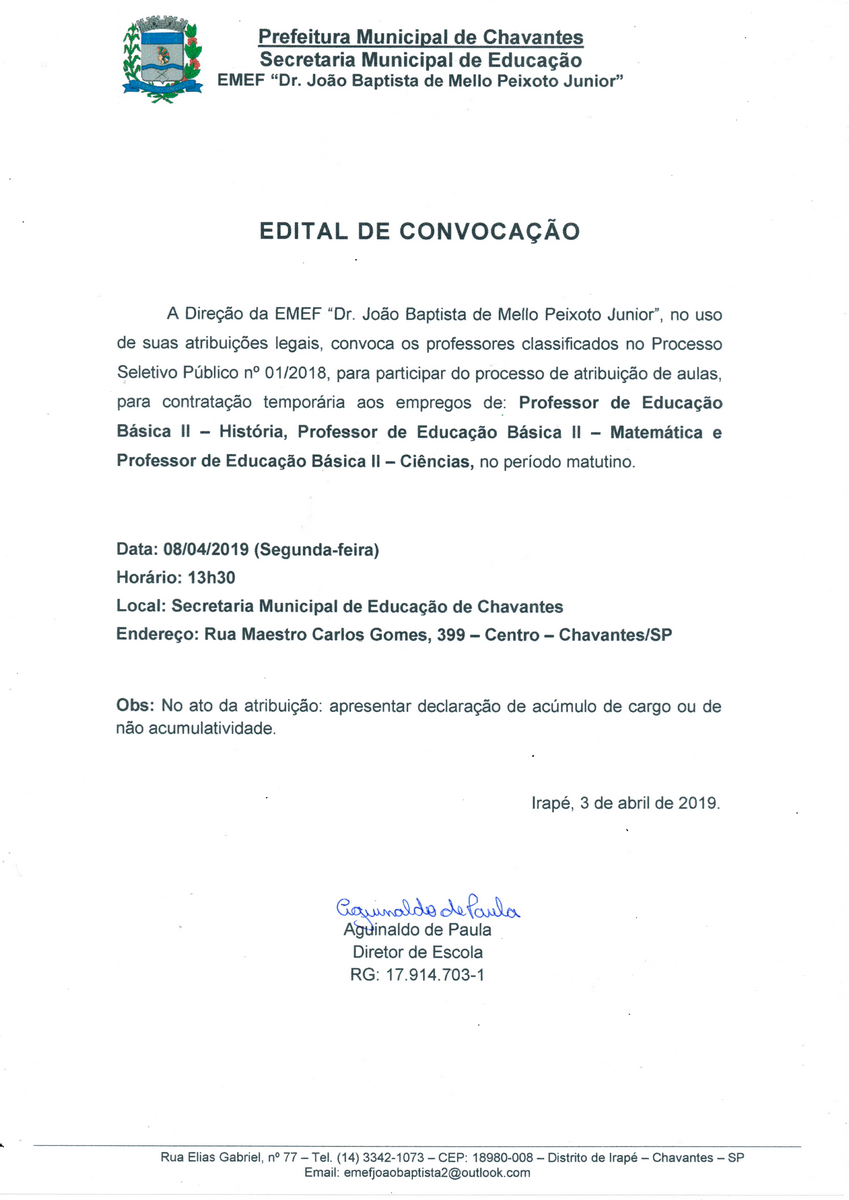 Edital de convocação EMEF Dr. Joao Baptista de Mello Peixoto Junior