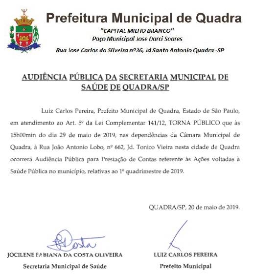 Audiência Pública da Secretaria Municipal da Saúde 1º Quadrimestre 2019