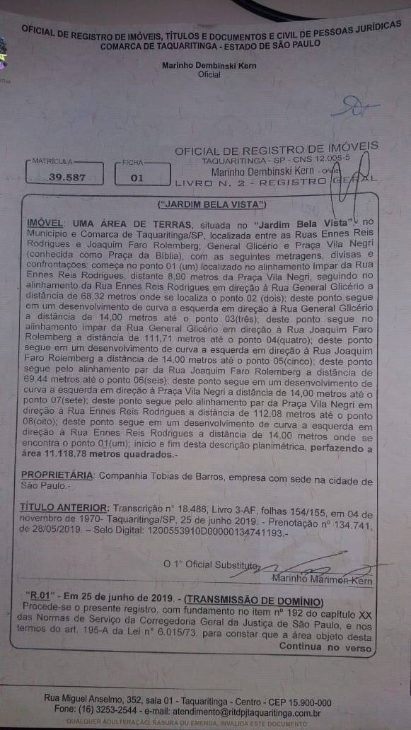 título de Propriedade da Escola Modesto Bohrer