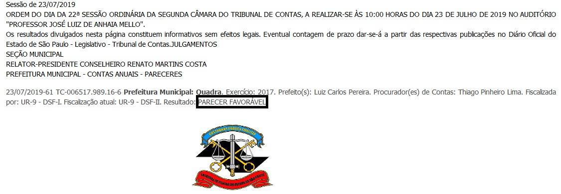 CONTAS ANUAIS DE 2017 SÃO APROVADAS PELO TRIBUNAL DE CONTAS