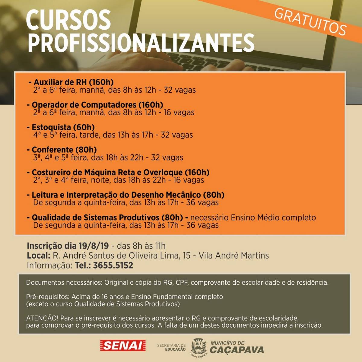 Caçapava abre inscrições para cursos profissionalizantes gratuitos