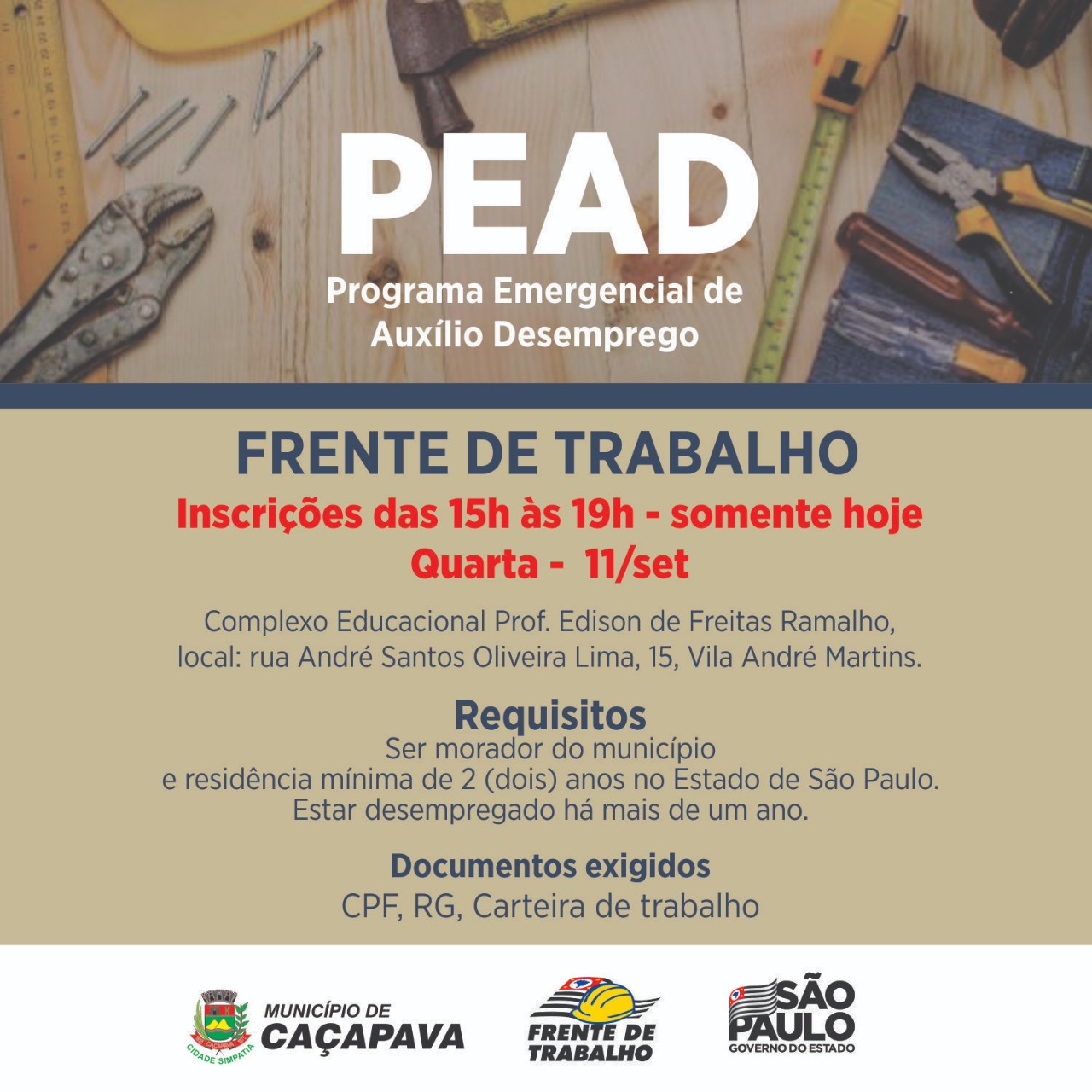 Caçapava oferece 25 vagas no Programa Emergencial de Auxílio Desemprego (PEAD)