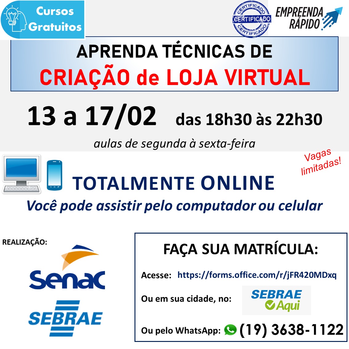 Inscrições abertas para curso técnico gratuito online em