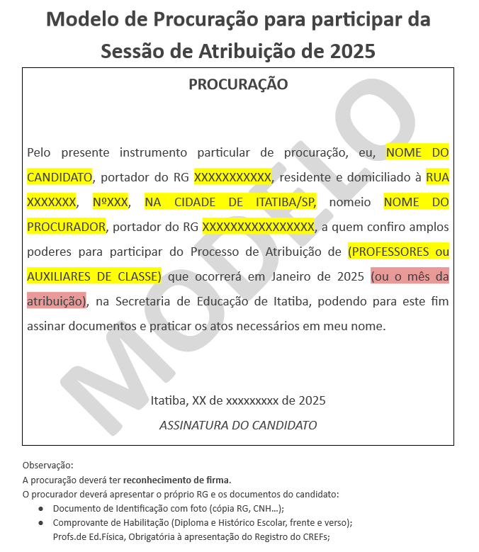 Modelo de Procuração para participar da Sessão de Atribuição de 2025