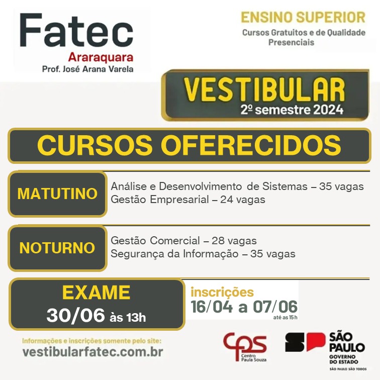 Fatec Araraquara segue com inscrições para vestibular de quatro cursos
