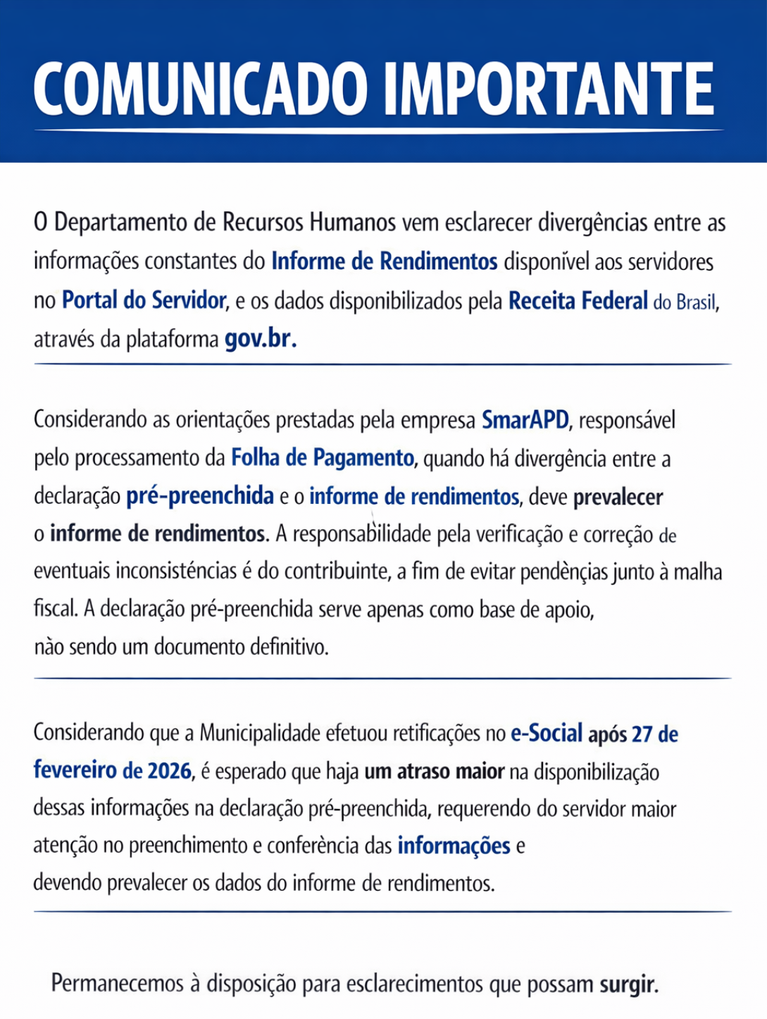 Esclarecimento sobre Divergências de Informações entre Informe de Rendimentos e Declaração Pré-Preenchida