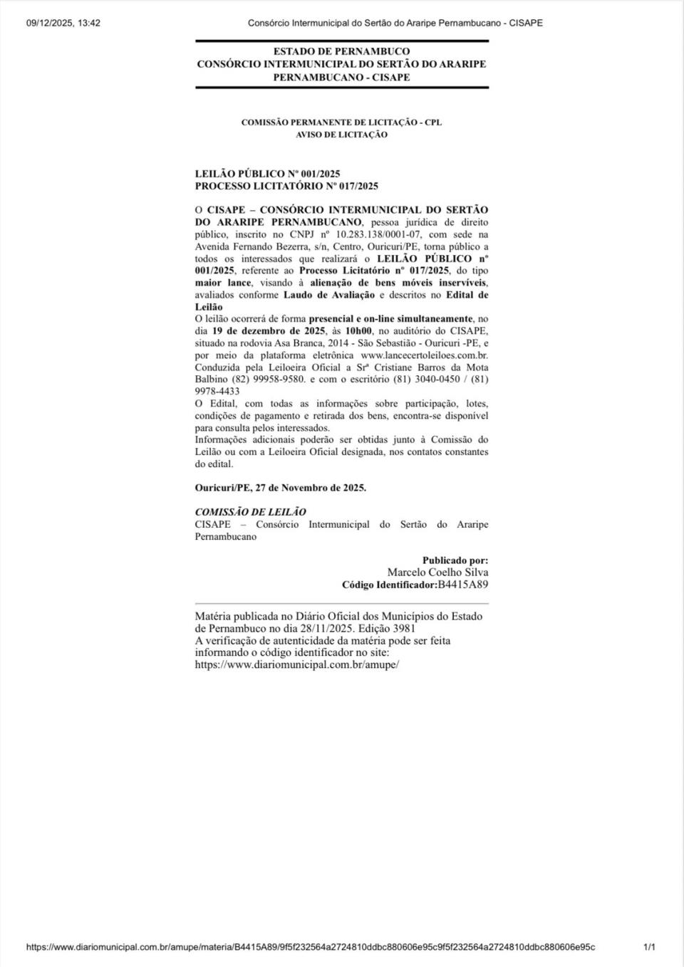 LEILÃO PÍBLICO Nº 001-2025