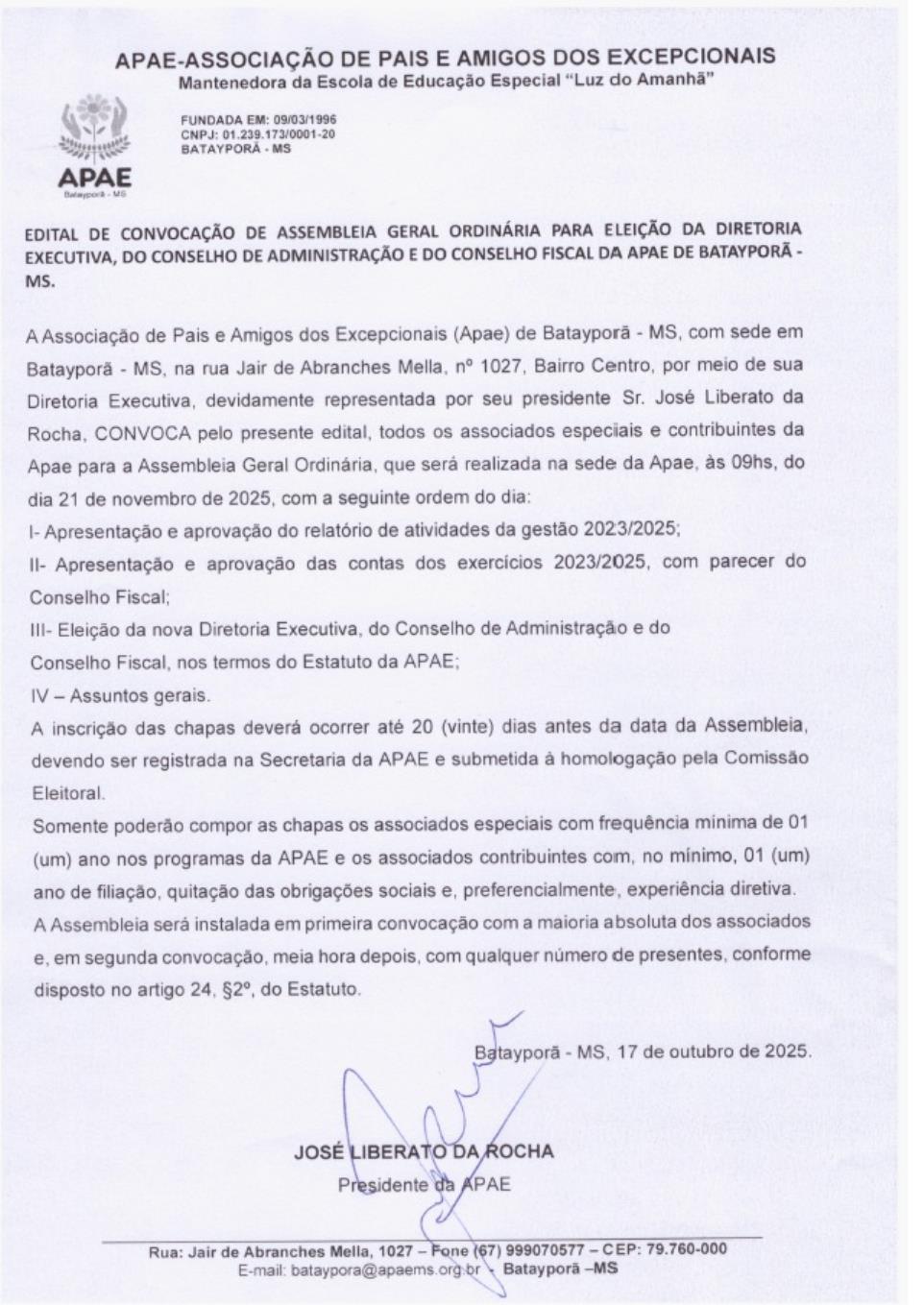 EDITAL APAE ASSEMBLEIA