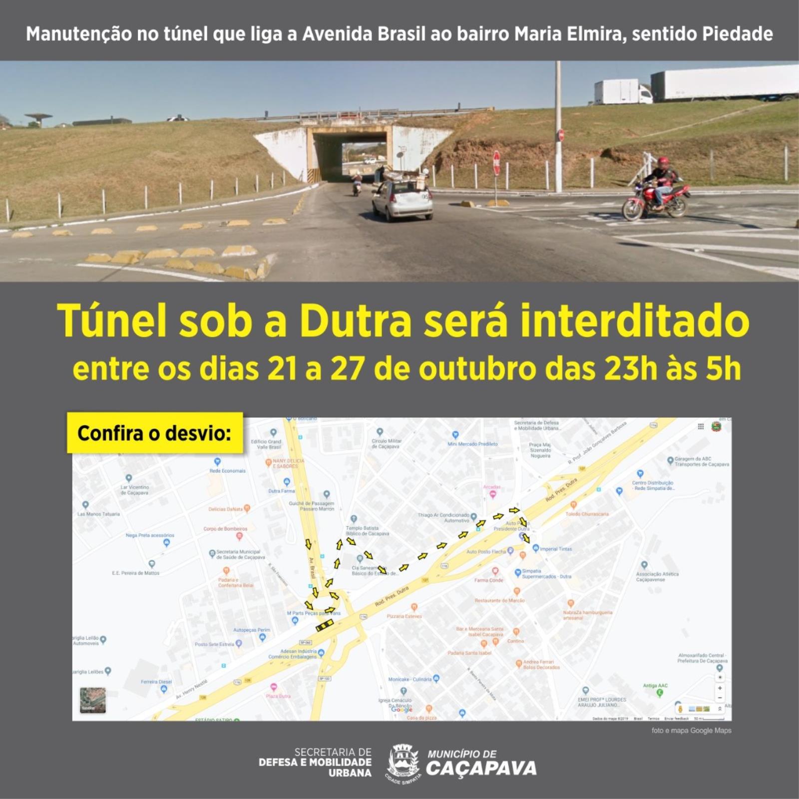 Túnel sob a Dutra será interditado entre os dias  21 a 27 de outubro das 23h às 5h