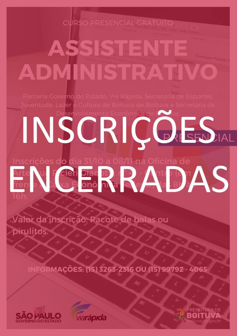 ENCERRADAS AS INSCRIÇÕES DO CURSO PRESENCIAL GRATUITO DE ASSISTENTE DE ADMINISTRATIVO