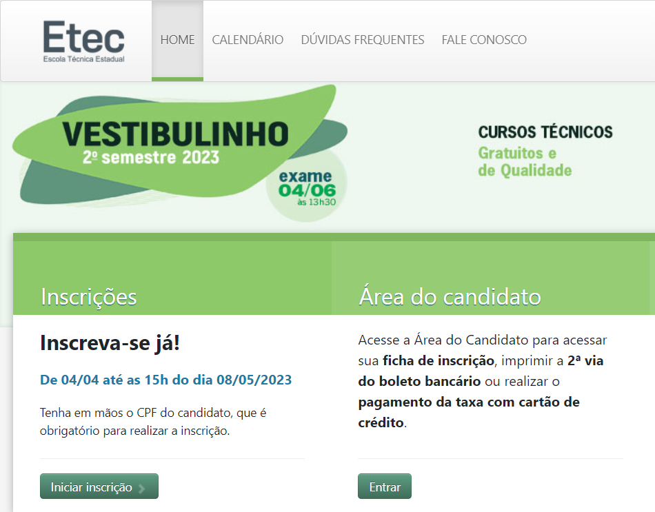 Inscrições abertas para o Vestibulinho da ETEC 2023