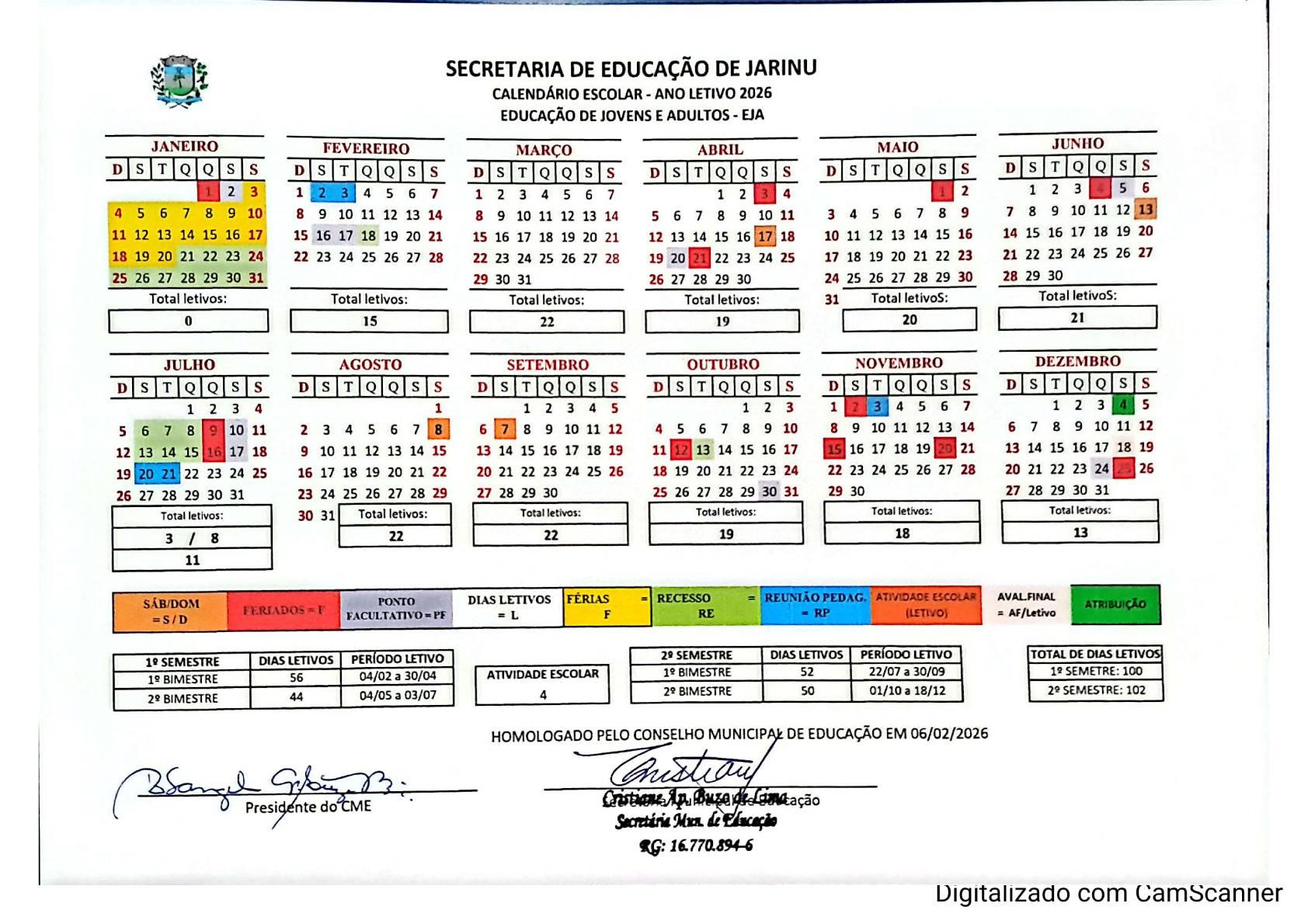 Calend&aacute;rio EJA