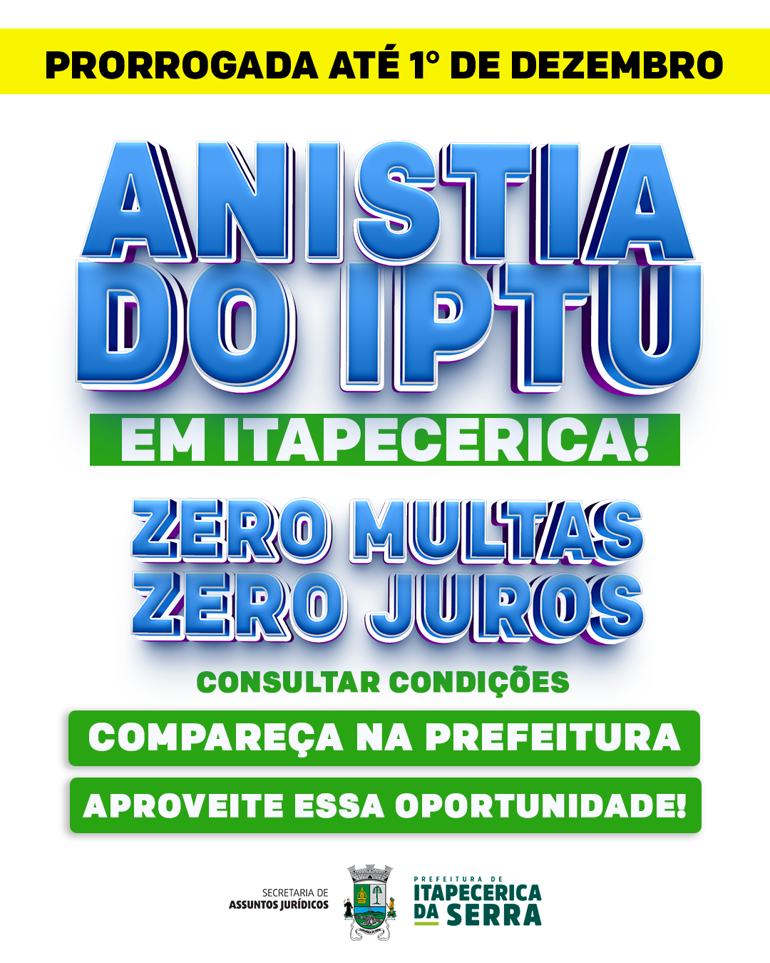 A Prefeitura de Itapecerica da Serra prorrogou até o dia 1º de dezembro o prazo para adesão ao Programa de Anistia de Multas e Juros. Instituído pela Lei nº 3168/2025, o REFIS (Programa de Recuperação Fiscal) concede desconto de até 100% nas multas e juros em dívidas com o município.