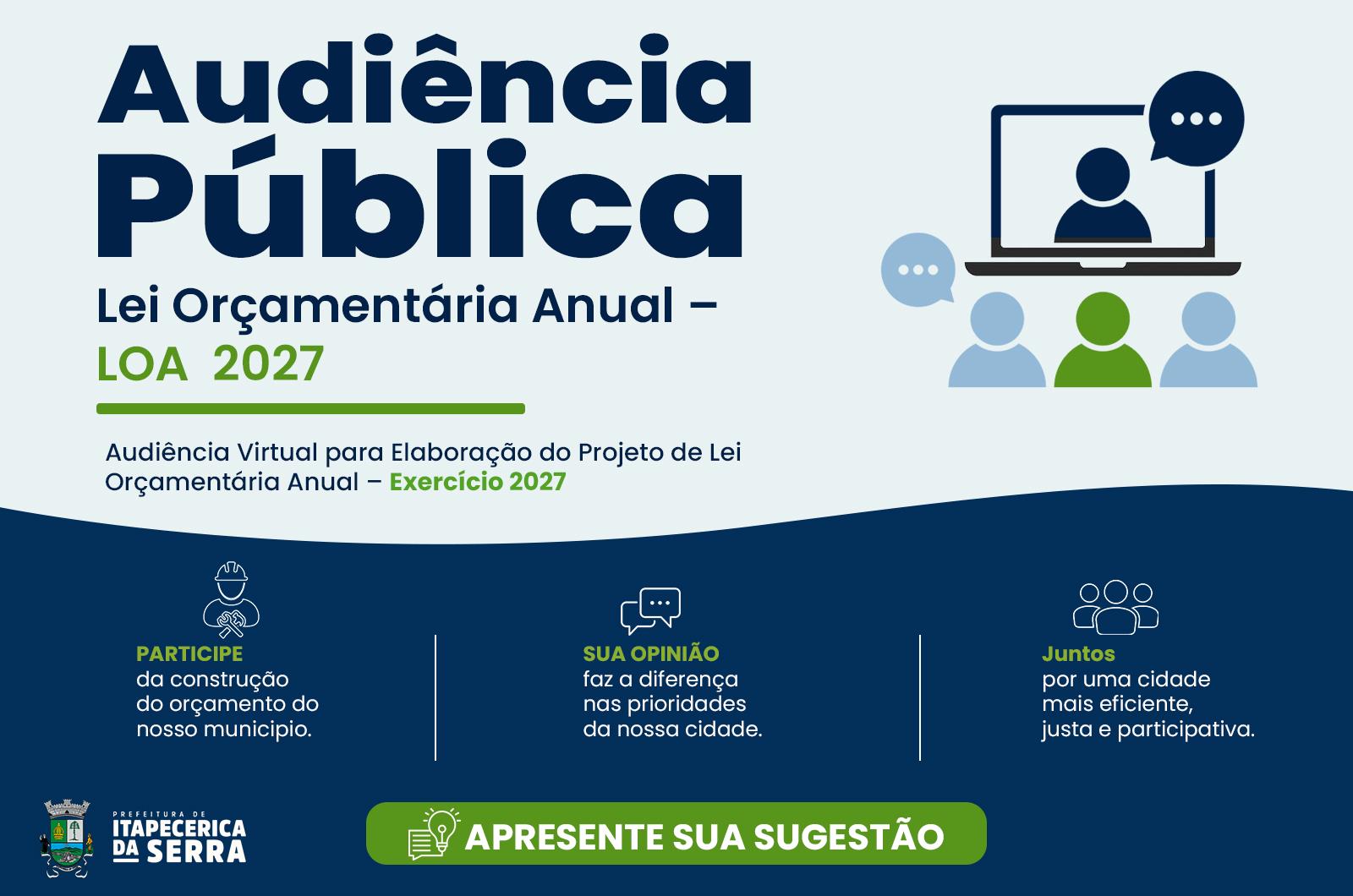 A Prefeitura de Itapecerica da Serra informa que disponibilizará no período de 5/05 a 31/05/2026, no portal oficial Itapecerica.sp.gov.br e em suas mídias sociais, um formulário para que os munícipes registrem os problemas, necessidades e deficiências do município e apresentem as prioridades e sugestões que julgarem mais relevantes para o desenvolvimento do nosso Município.