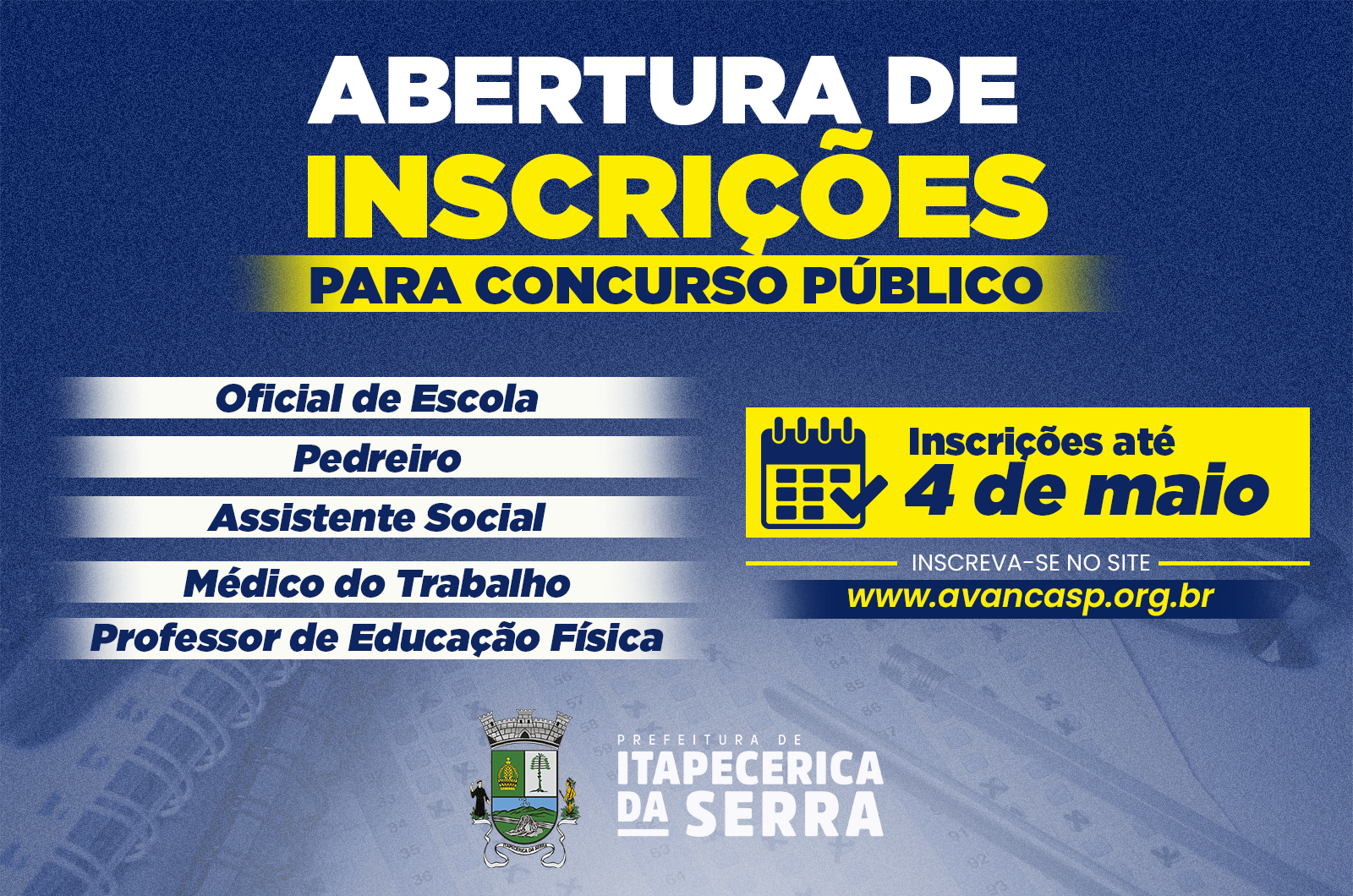A Prefeitura de Itapecerica da Serra anunciou a abertura das inscrições para um novo Concurso Público destinado ao preenchimento de cargos do quadro permanente de servidores municipais.