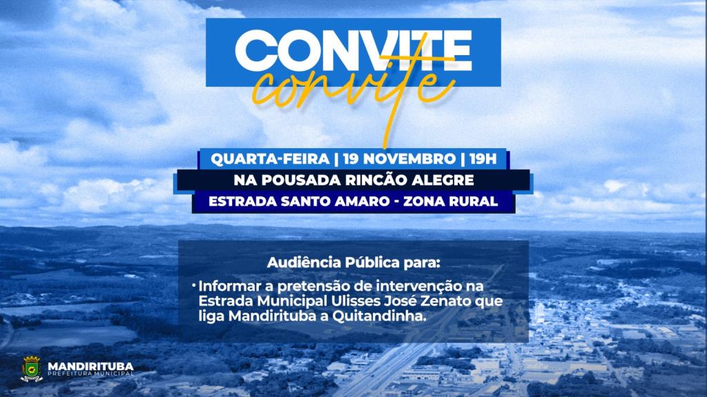 Prefeitura de Mandirituba convida população para Audiência Pública sobre obra na Estrada Ulisses José Zenato