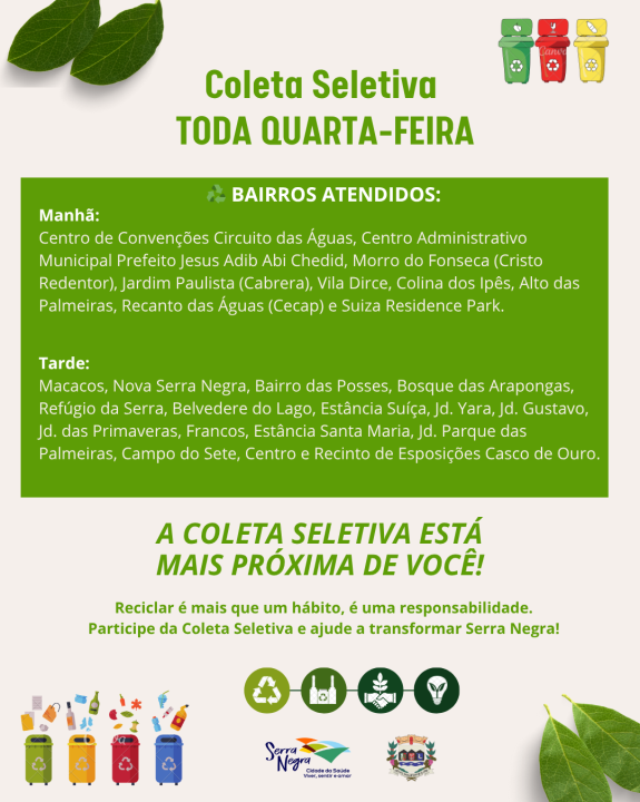 ♻️ Coleta Seletiva em Serra Negra – Toda Quarta-feira! 🗑️