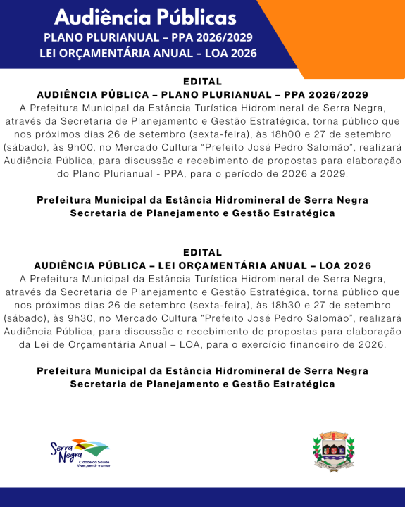 AUDIÊNCIAS PÚBLICAS – PPA 2026/2029 E LOA 2026