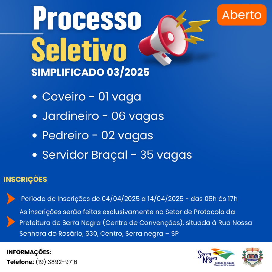 📢 Processo Seletivo Simplificado nº 03/2025 – Prefeitura de Serra Negra