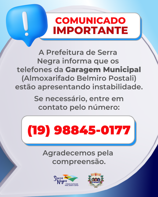 COMUNICADO - TELEFONE PROVISÓRIO DA GARAGEM MUNICIPAL