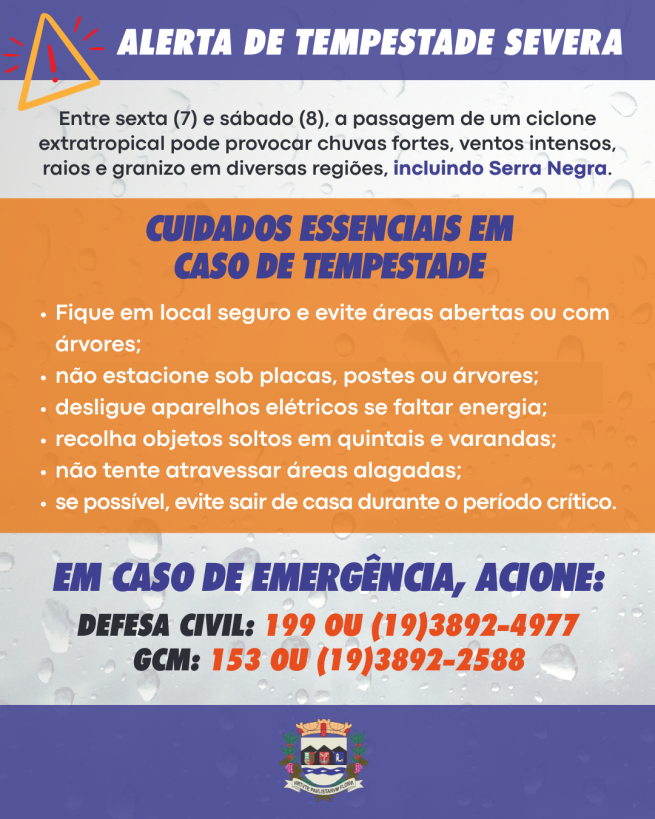 Prefeitura de Serra Negra divulga plano de prevenção para ventos fortes e tempestades