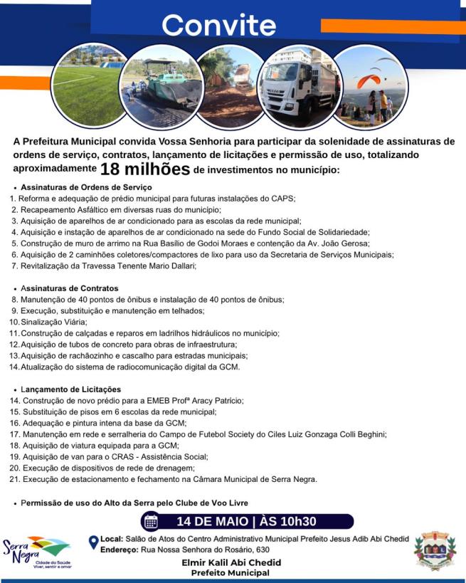 CONVITE | ASSINATURAS DE ORDENS DE SERVIÇO, CONTRATOS, LANÇAMENTO DE LICITAÇÕES E AUTORIZAÇÃO DE USO