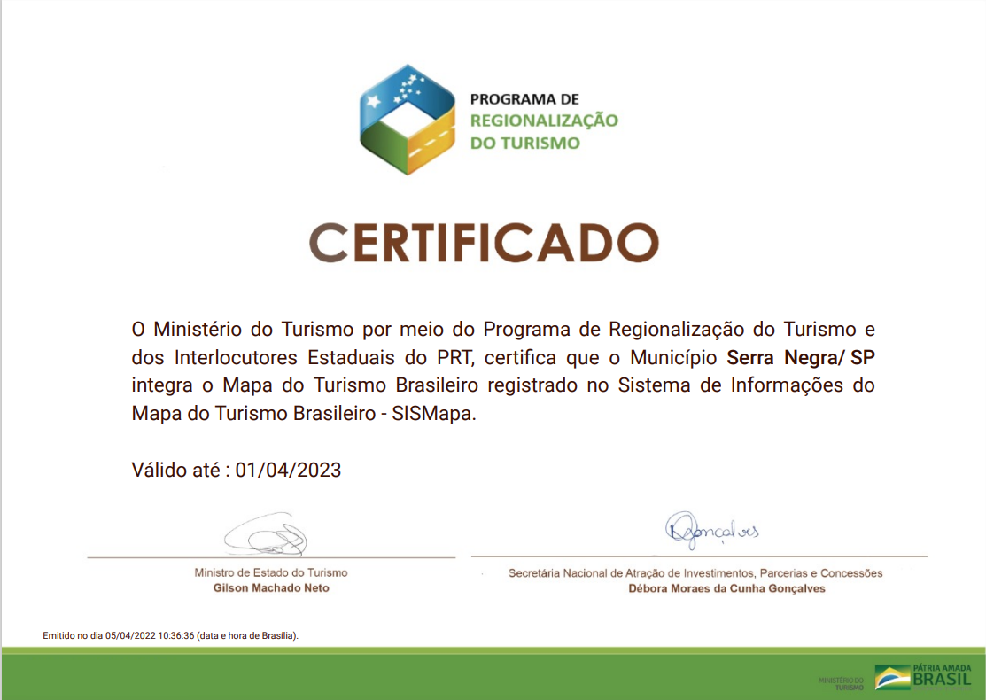 Serra Negra é certificada como integrante do Mapa do Turismo Brasileiro