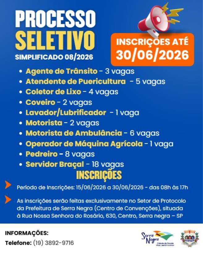 VAGAS PARA VÁRIOS CARGOS - PROCESSO SELETIVO SIMPLIFICADO 08/2026