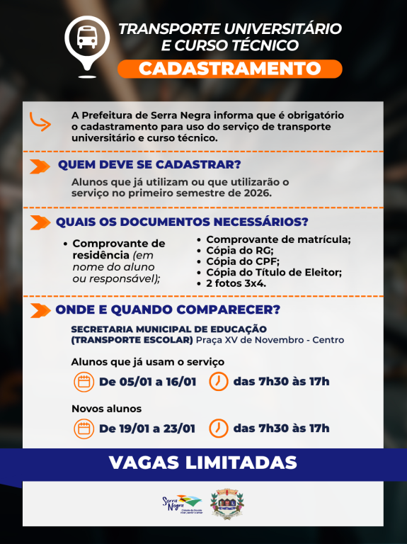 PREFEITURA DE SERRA NEGRA INICIA CADASTRAMENTO OBRIGATÓRIO PARA TRANSPORTE UNIVERSITÁRIO E TÉCNICO TOTALMENTE GRATUITO