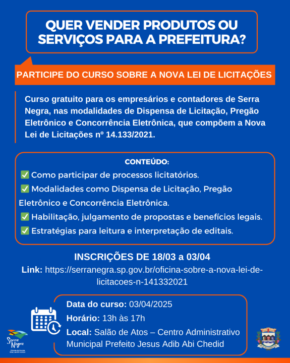QUER VENDER PRODUTOS OU SERVIÇOS PARA A PREFEITURA? *Participe do curso sobre a Nova Lei de Licitações*