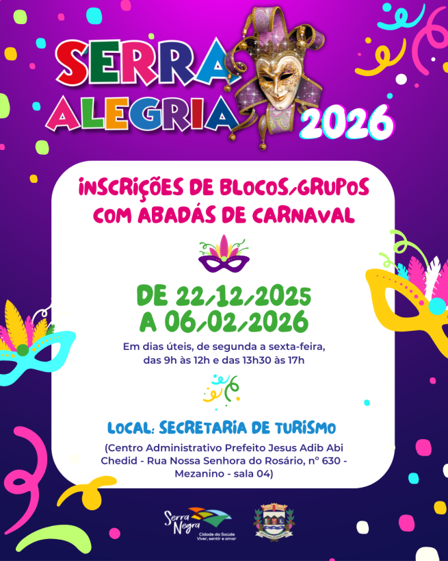 🎭✨ SERRA ALEGRIA 2026 ✨🎭  Estão abertas as inscrições para blocos e grupos com abadás de Carnaval!