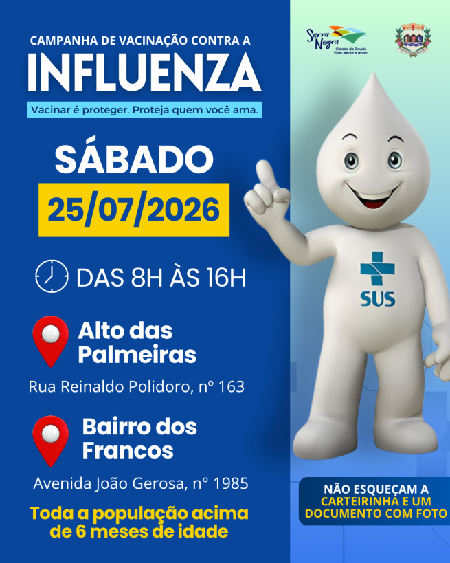 Vacinação contra a gripe será realizada no Alto das Palmeiras e no Bairro dos Francos no próximo sábado