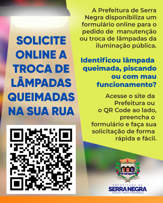 Prefeitura de Serra Negra disponibiliza formulário online para troca de lâmpadas da iluminação pública