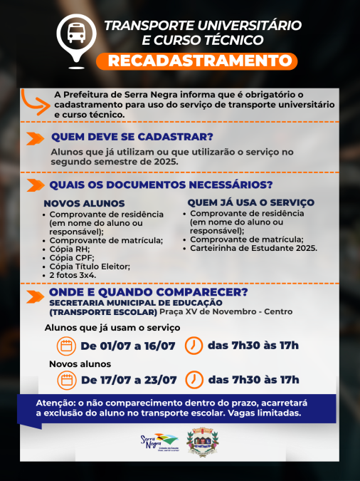 📚🚍 RECADASTRAMENTO OBRIGATÓRIO – TRANSPORTE UNIVERSITÁRIO E CURSO TÉCNICO