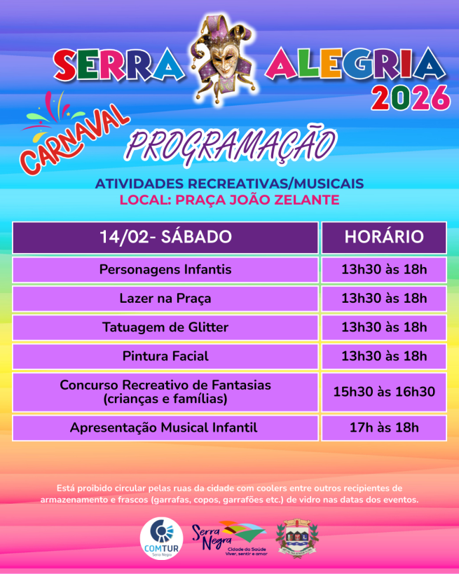 Prefeitura de Serra Negra divulga programação do Carnaval Serra Alegria 2026