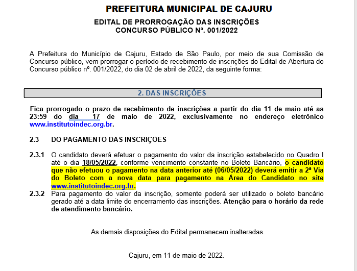 Edital De Prorrogação Do Concurso Prefeitura De Cajuru 5333