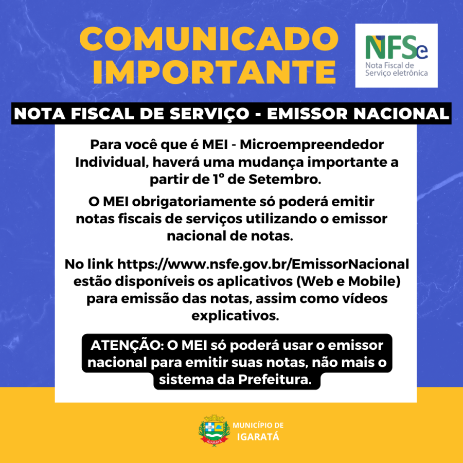 Comunicado: Nota Fiscal de Serviço Emissor Nacional para MEI -  Microempreendedor Individual, Prefeitura, Notícias