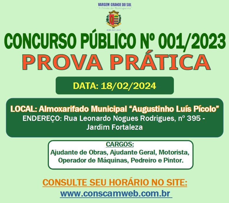 PUBLICADA A CONVOCAÇÃO PARA AS PROVAS PRÁTICAS DO CONCURSO PÚBLICO Nº 001/2023