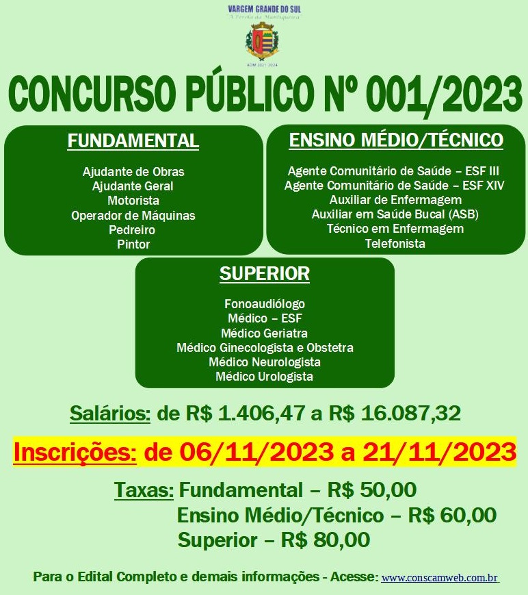 INSCRIÇÕES ABERTAS PARA O CONCURSO PÚBLICO Nº 001/2023 PROMOVIDO PELA PREFEITURA