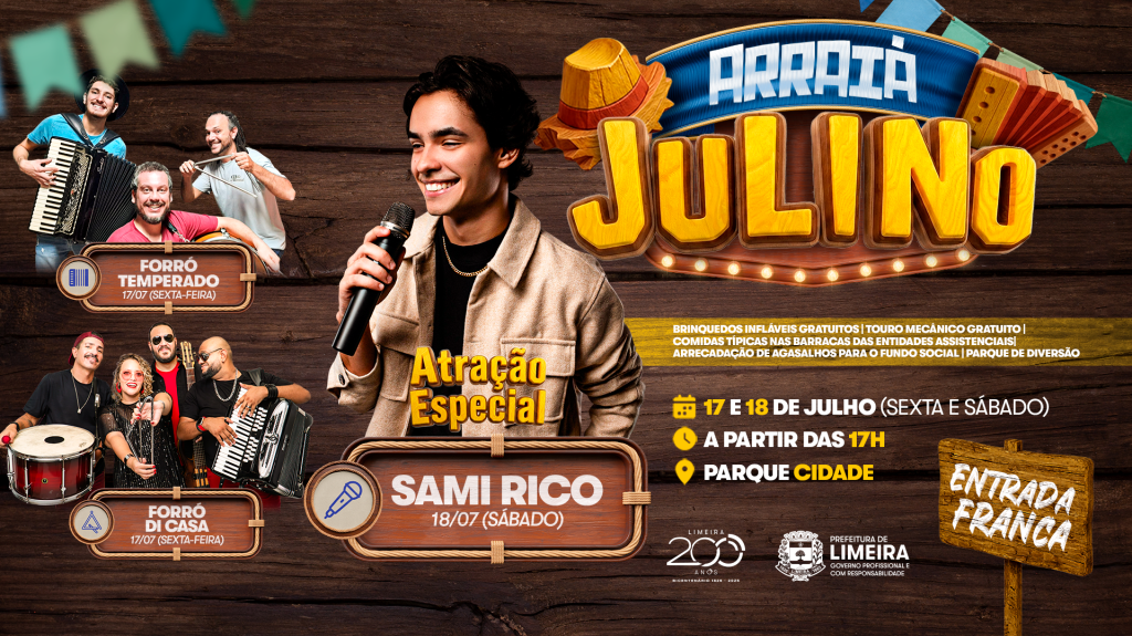 Arraiá Julino de Limeira terá show gratuito de Sami Rico