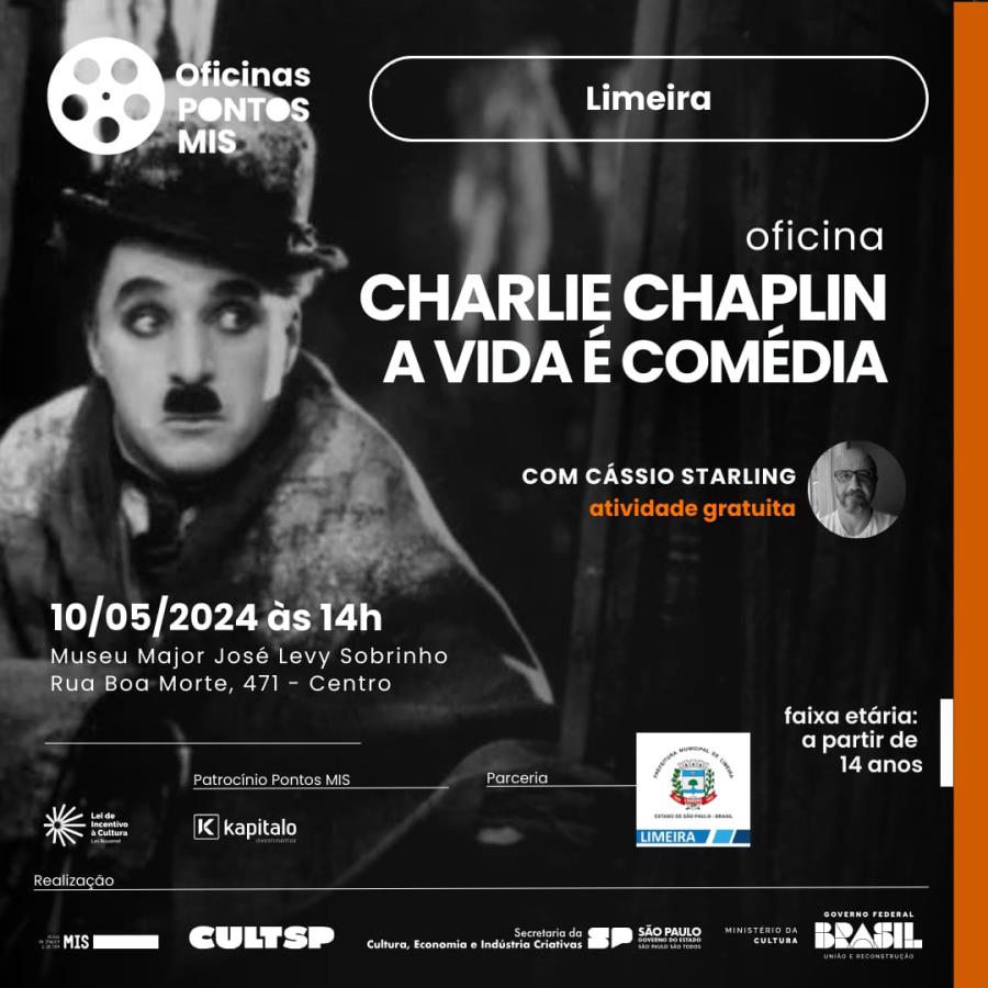Oficina gratuita de cinema analisa obras de Charlie Chaplin, nesta sexta (10)