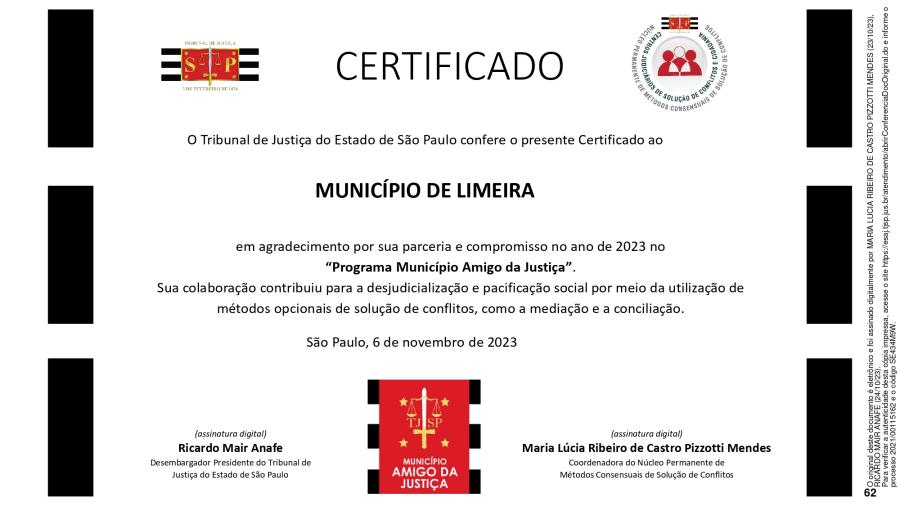 Limeira é contemplada com certificado do “Programa Município Amigo da Justiça”