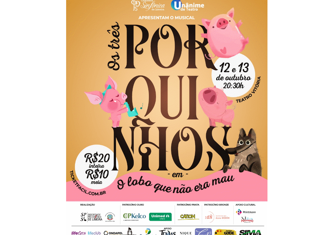 Espetáculo “Os Três Porquinhos: O Lobo Que Não Era Mau” segue com ingressos à venda