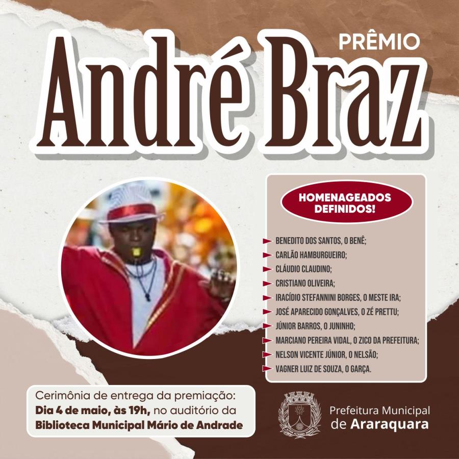 Prêmio André Braz 2023 divulga nomes dos homenageados Prefeitura de