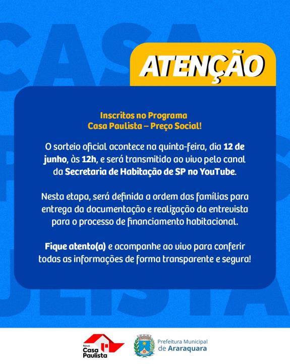Sorteio dos inscritos no Programa Casa Paulista Preço Social acontece no dia 12