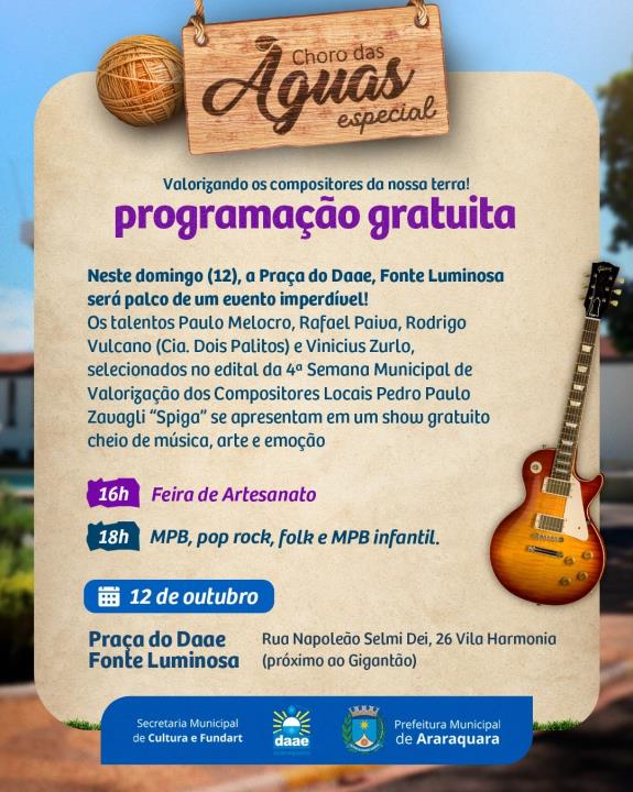 Choro das Águas realiza edição Especial no domingo (12) com participação de compositores de Araraquara