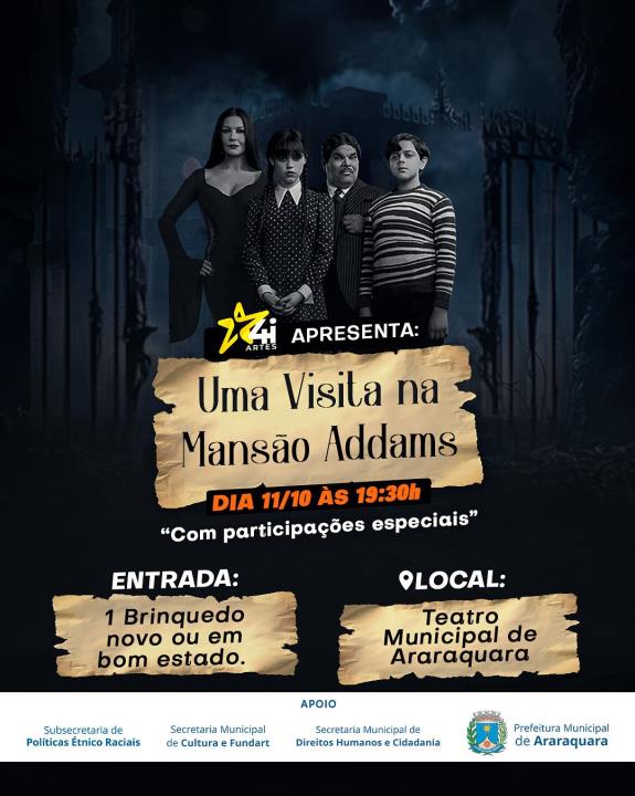 “Uma Visita na Mansão Addams”: sábado (11) tem espetáculo solidário e lúdico no Teatro Municipal